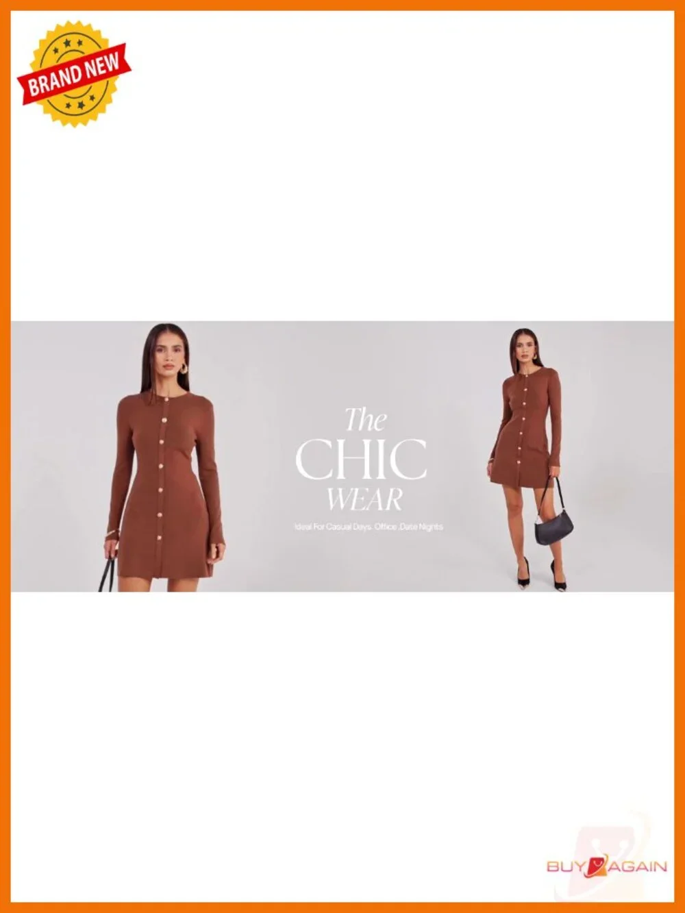 ZESICA Long Sleeve Mini Sweater Dress Crew Neck Button Front Work Office